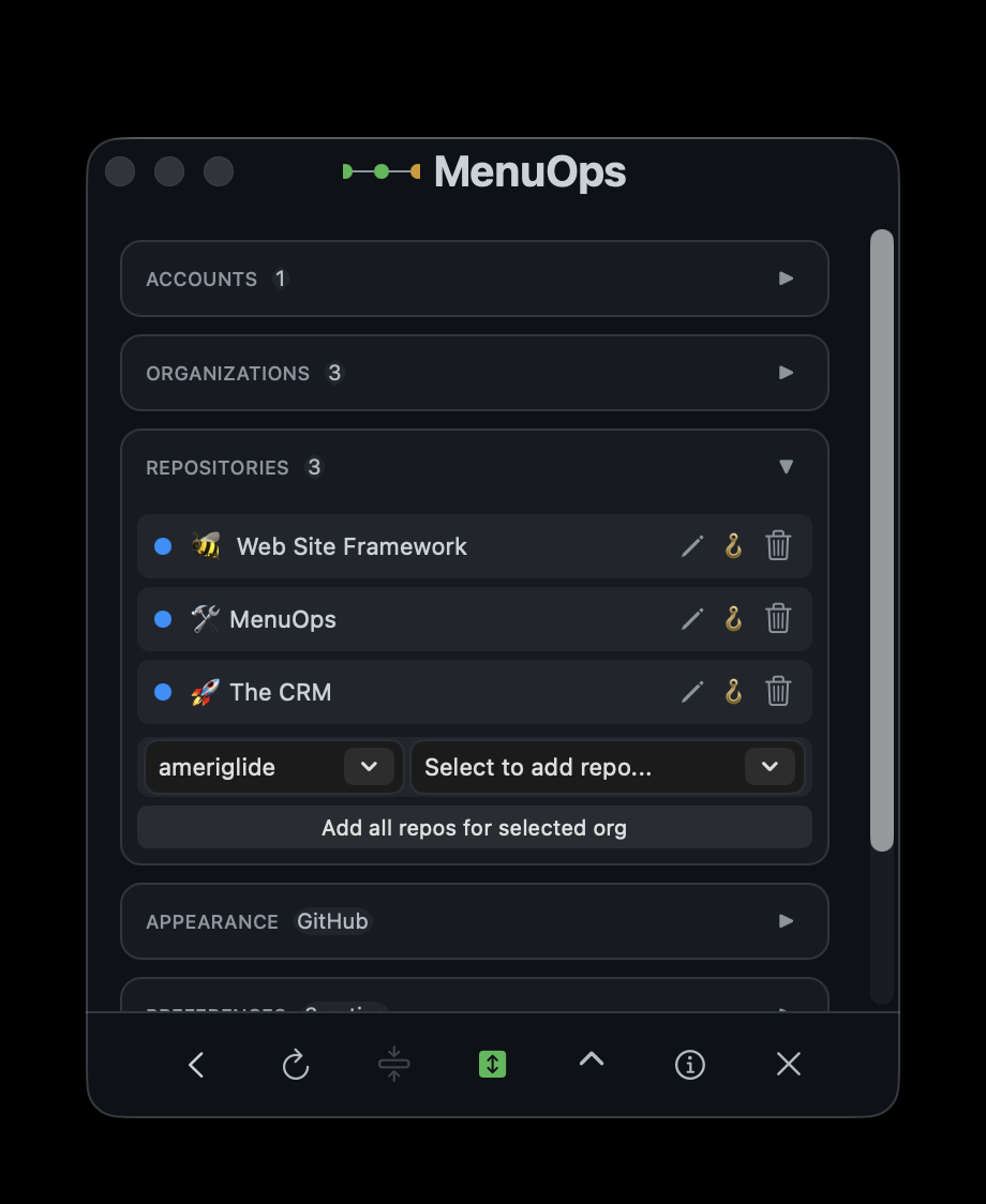 MenuOps settings window with organization and repository management